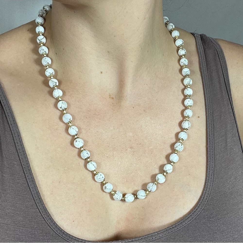 Vintage Elegant White Glass Bead and Gold Necklace